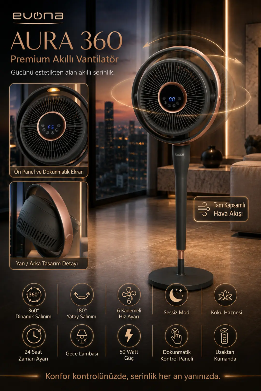Aura 360 ATK2603 360° Dinamik Salınımlı Sessiz Vantilatör, Uzaktan Kumandalı, 6 Hız Modlu, 24 Saat Zaman Ayarlı, Antrasit Gri