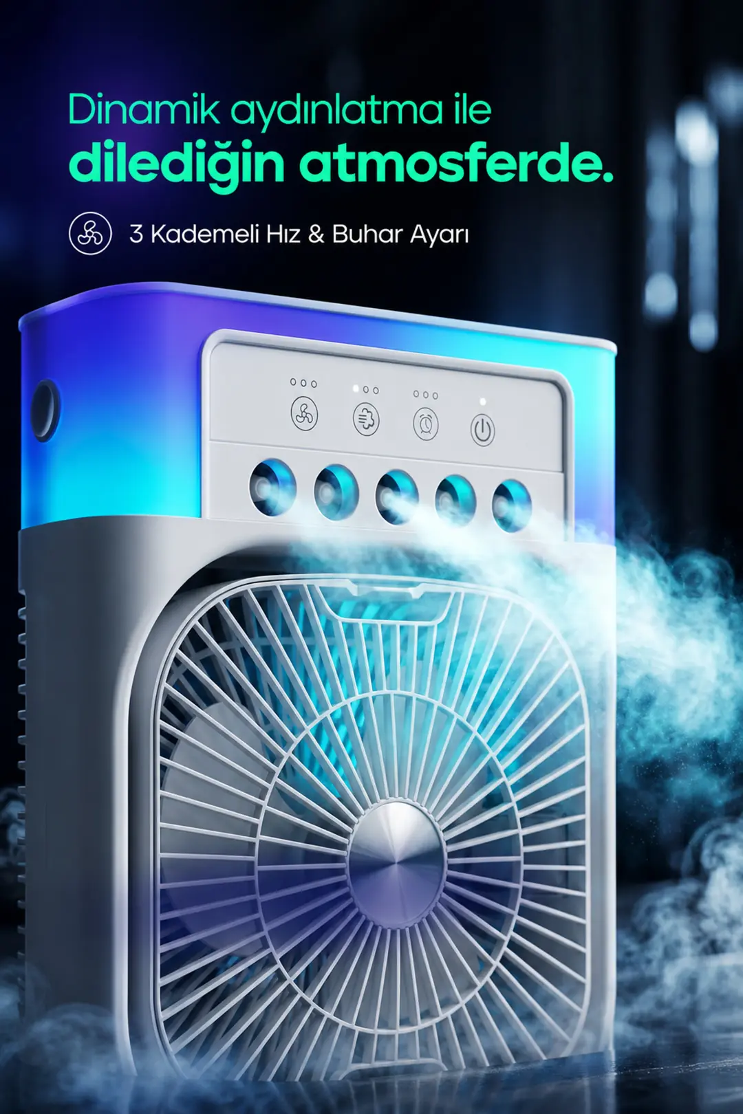 Feny 3in1 Masaüstü Fan 3 kademeli Ferah Nemlendirici Buharlı Rgb Aydınlatmalı Vantilatör