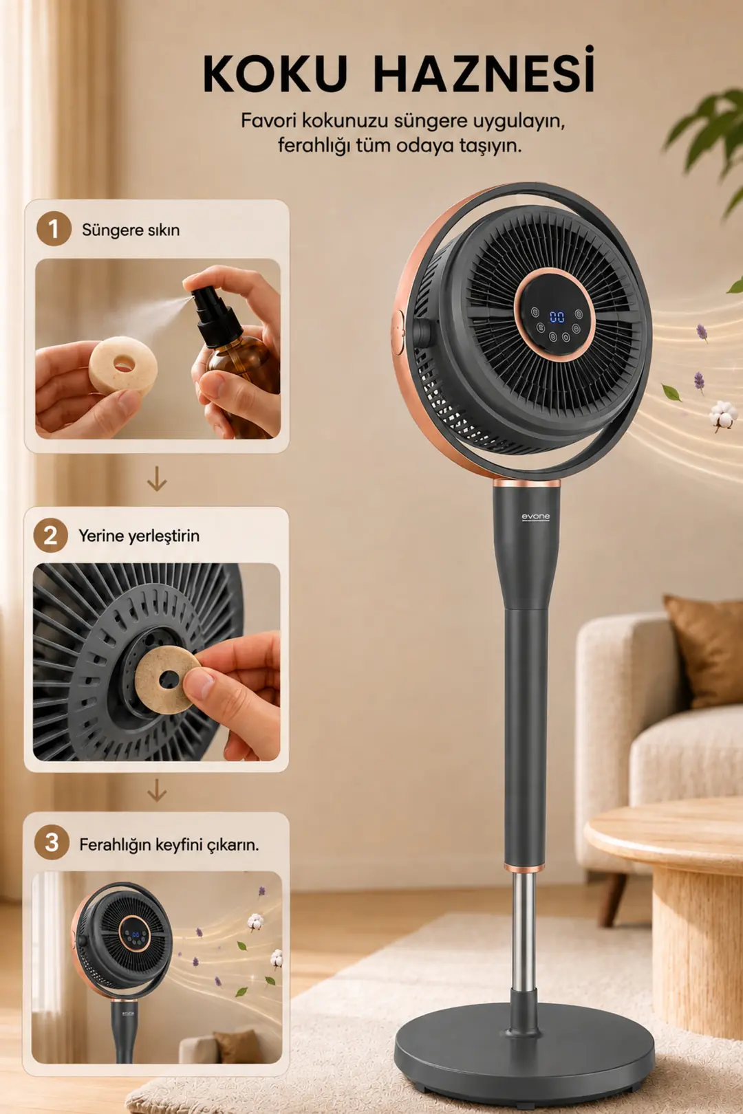 Aura 360 ATK2603 360° Dinamik Salınımlı Sessiz Vantilatör, Uzaktan Kumandalı, 6 Hız Modlu, 24 Saat Zaman Ayarlı, Antrasit Gri