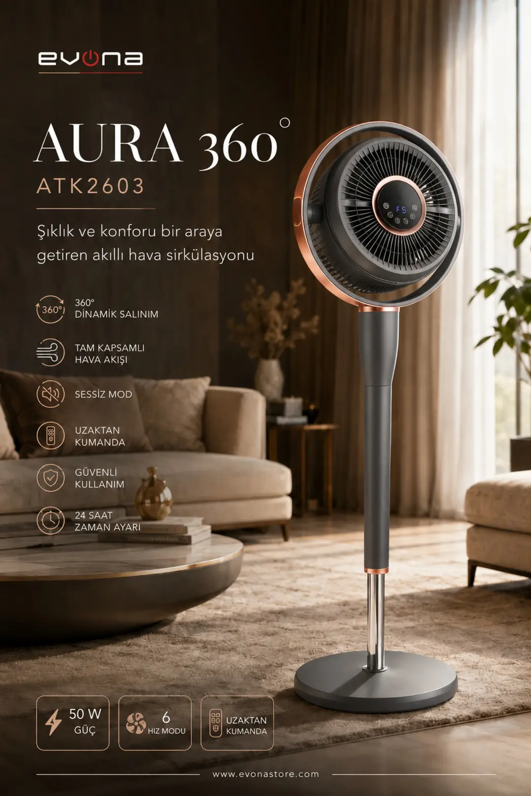Evona ATK2603-Aura 360 Dinamik Salınımlı Sessiz Vantilatör