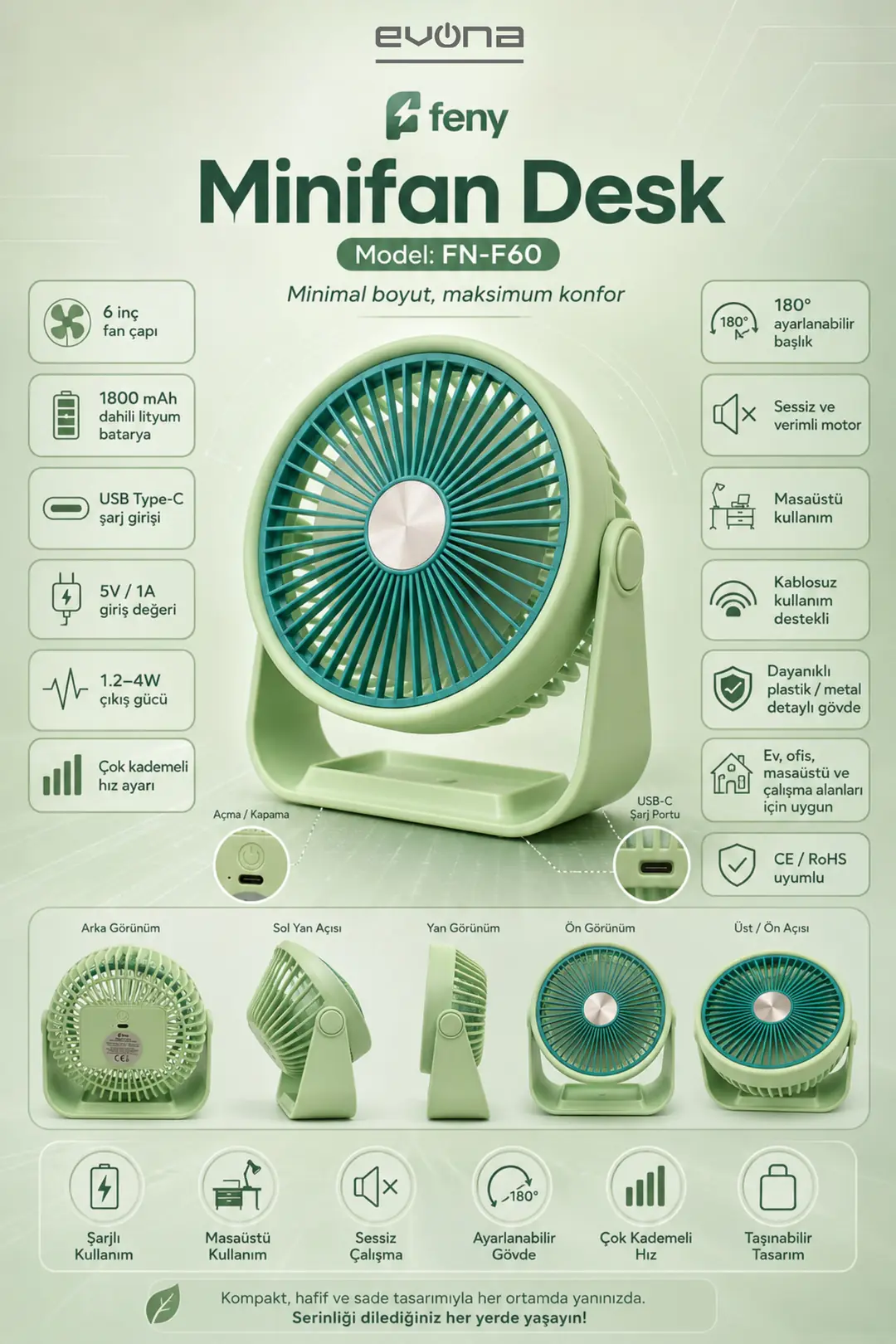 Feny Minifan Desk 3 Kademeli Masaüstü Usb-Type-C Şarjlı Vantilatör