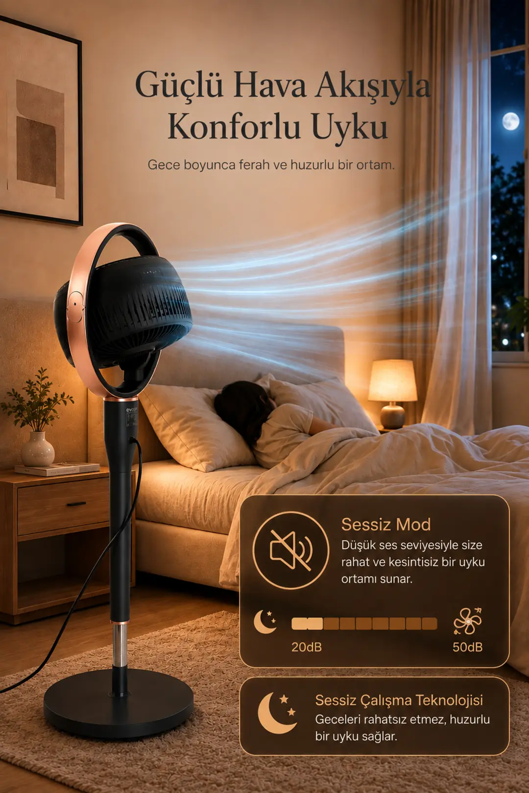Aura 360 ATK2603 360° Dinamik Salınımlı Sessiz Vantilatör, Uzaktan Kumandalı, 6 Hız Modlu, 24 Saat Zaman Ayarlı, Antrasit Gri