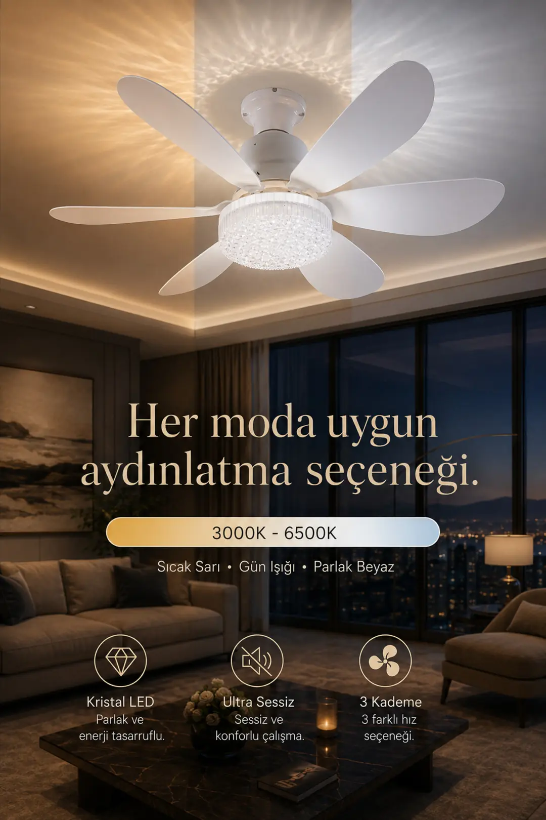 Feny Tavan Vantilatörü Kristal LED Aydınlatmalı Kumandalı Sessiz 6 Kanatlı 3 Kademe Hız Fan