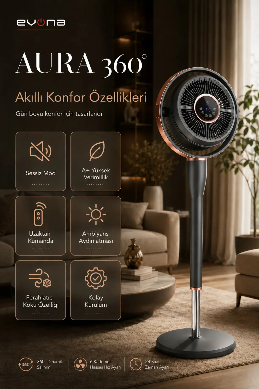 Evona ATK2603-Aura 360 Dinamik Salınımlı Sessiz Vantilatör