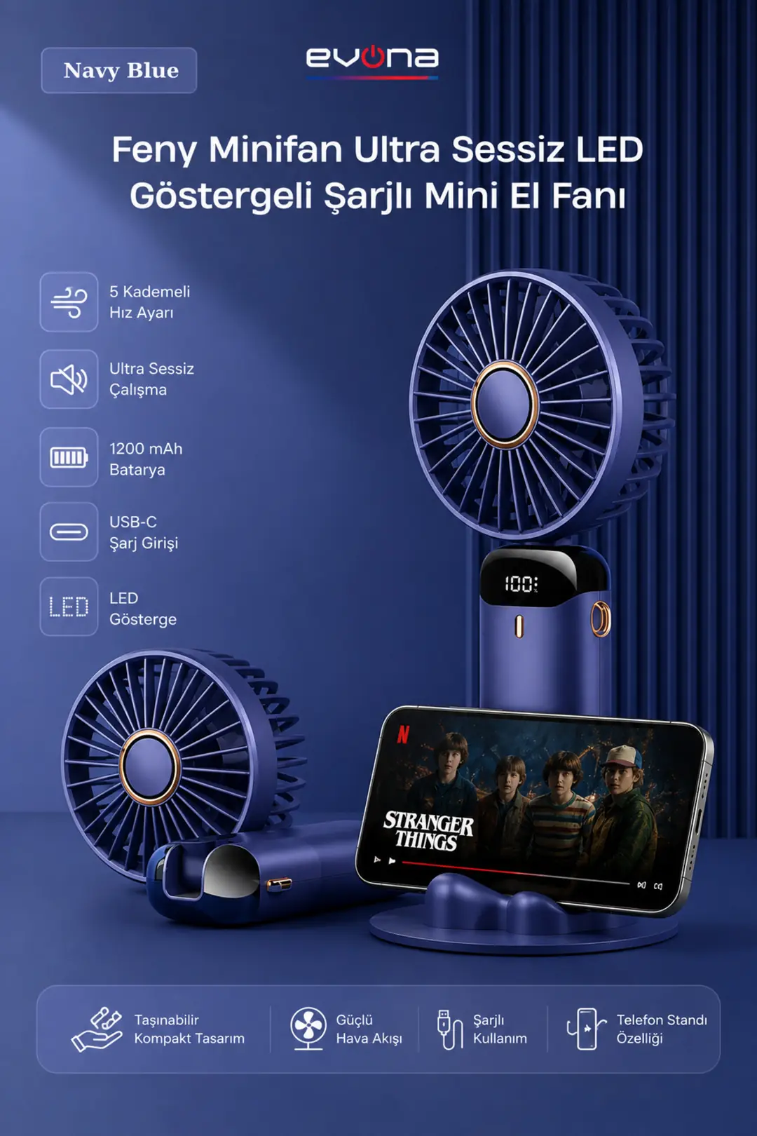 Feny Taşınabilir El Fanı, 5 Kademeli Soğutma, Dijital Göstergeli Mini Fan