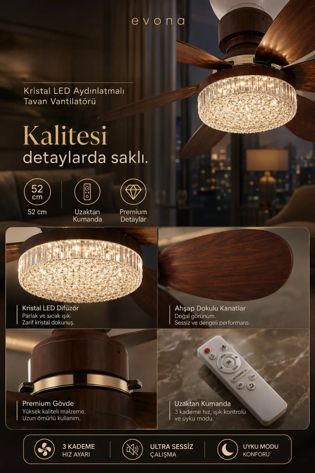 Feny Tavan Vantilatörü LED Aydınlatmalı Kumandalı 3 Renk Sessiz 6 Kanatlı 3 Kademe Hız Ahşap Renk Fan