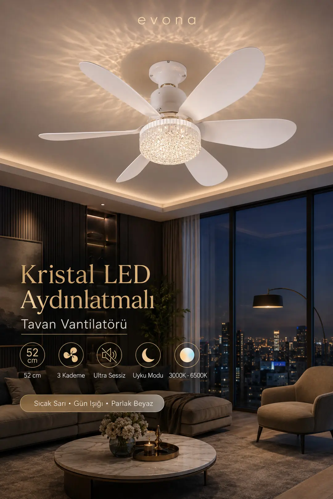 Feny Tavan Vantilatörü Kristal LED Aydınlatmalı Kumandalı Sessiz 6 Kanatlı 3 Kademe Hız Fan