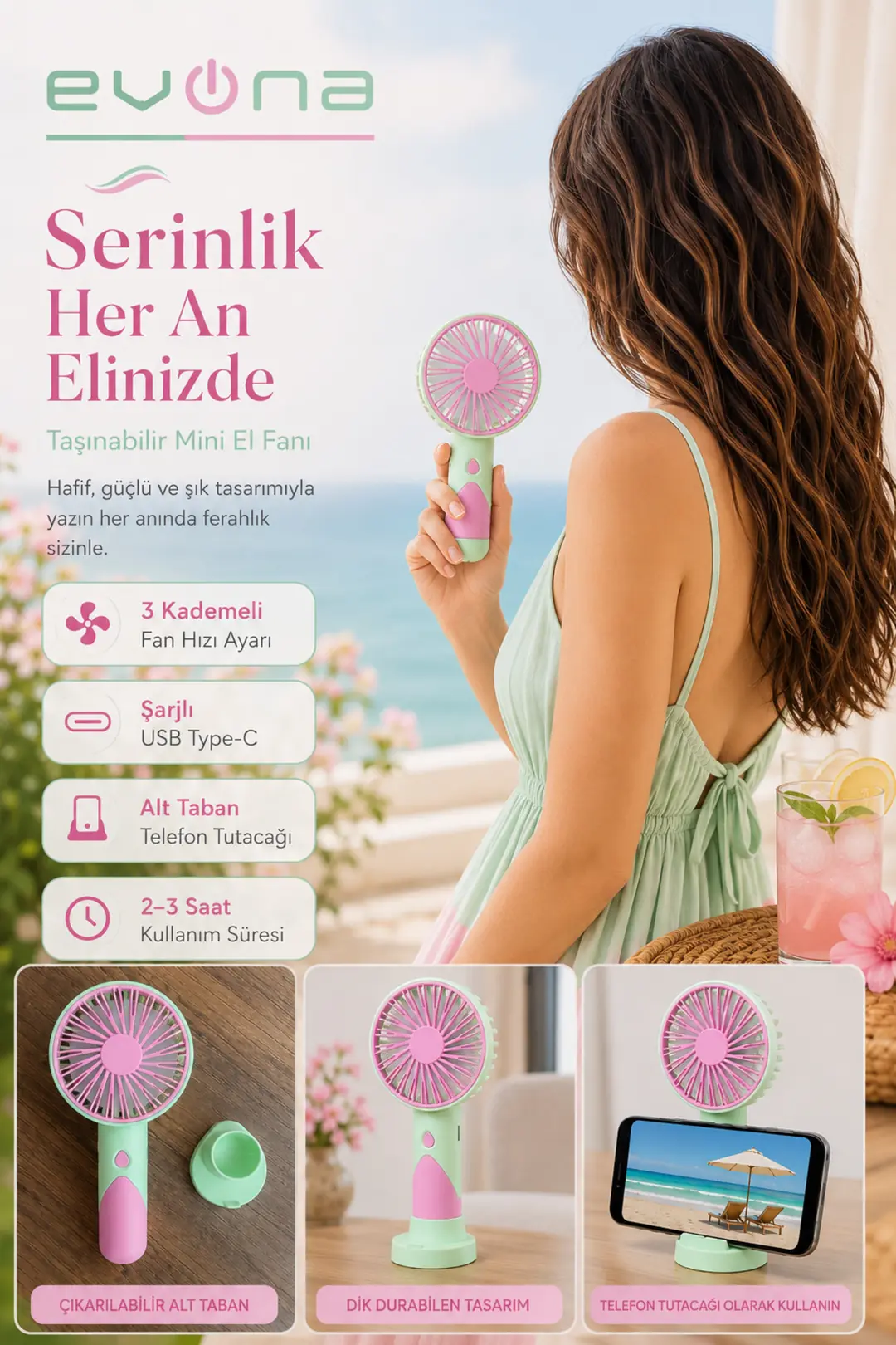 Feny El Fanı 3 Kademeli Mini El Ve Masa Vantilatörü