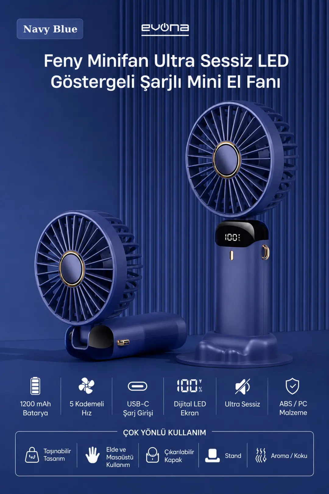 Feny Taşınabilir El Fanı, 5 Kademeli Soğutma, Dijital Göstergeli Mini Fan