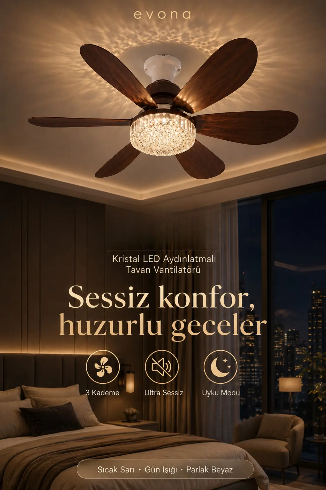 Feny Tavan Vantilatörü LED Aydınlatmalı Kumandalı 3 Renk Sessiz 6 Kanatlı 3 Kademe Hız Ahşap Renk Fan