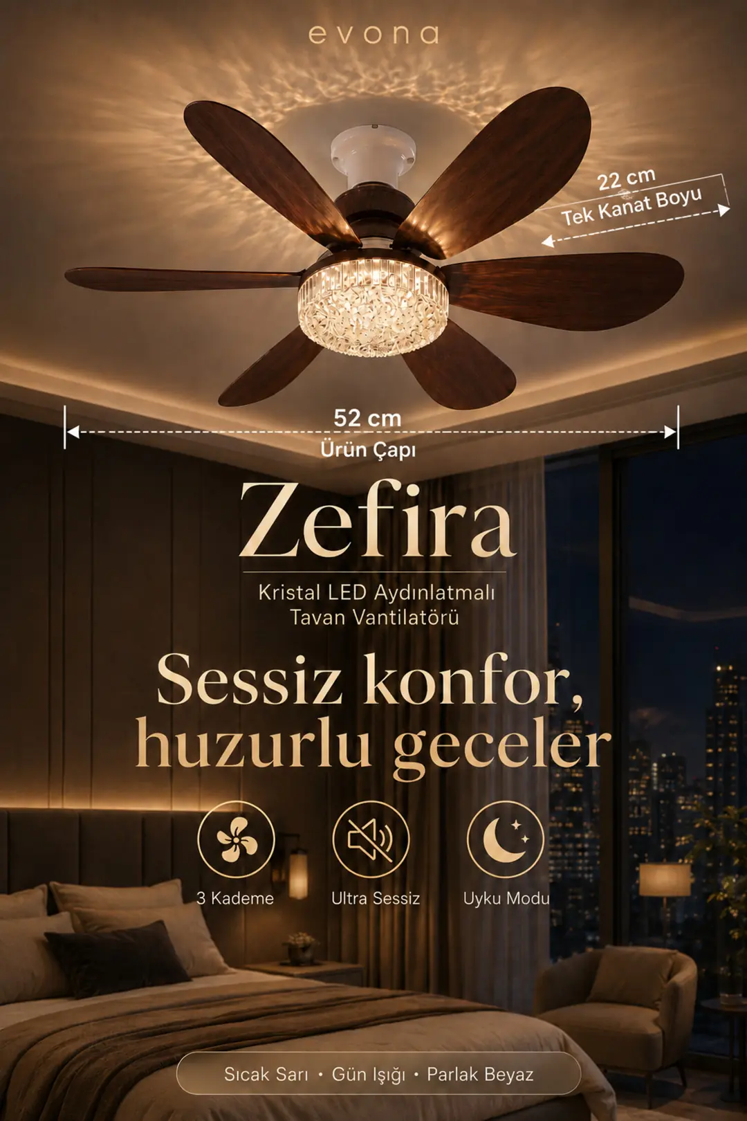 Feny Tavan Vantilatörü LED Aydınlatmalı Kumandalı 3 Renk Sessiz 6 Kanatlı 3 Kademe Hız Ahşap Renk Fan