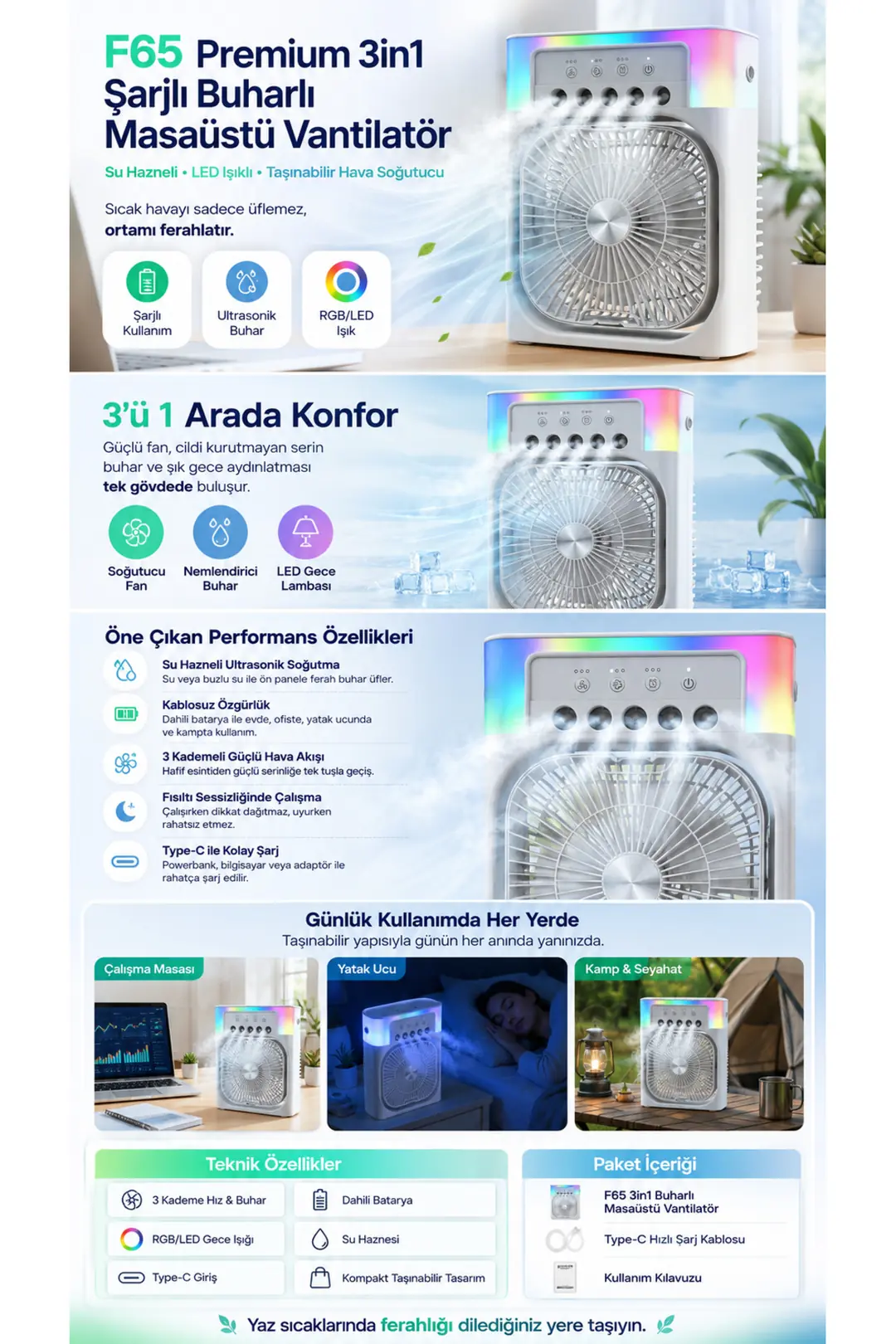 Feny 3in1 Masaüstü Fan 3 kademeli Ferah Nemlendirici Buharlı Rgb Aydınlatmalı Vantilatör