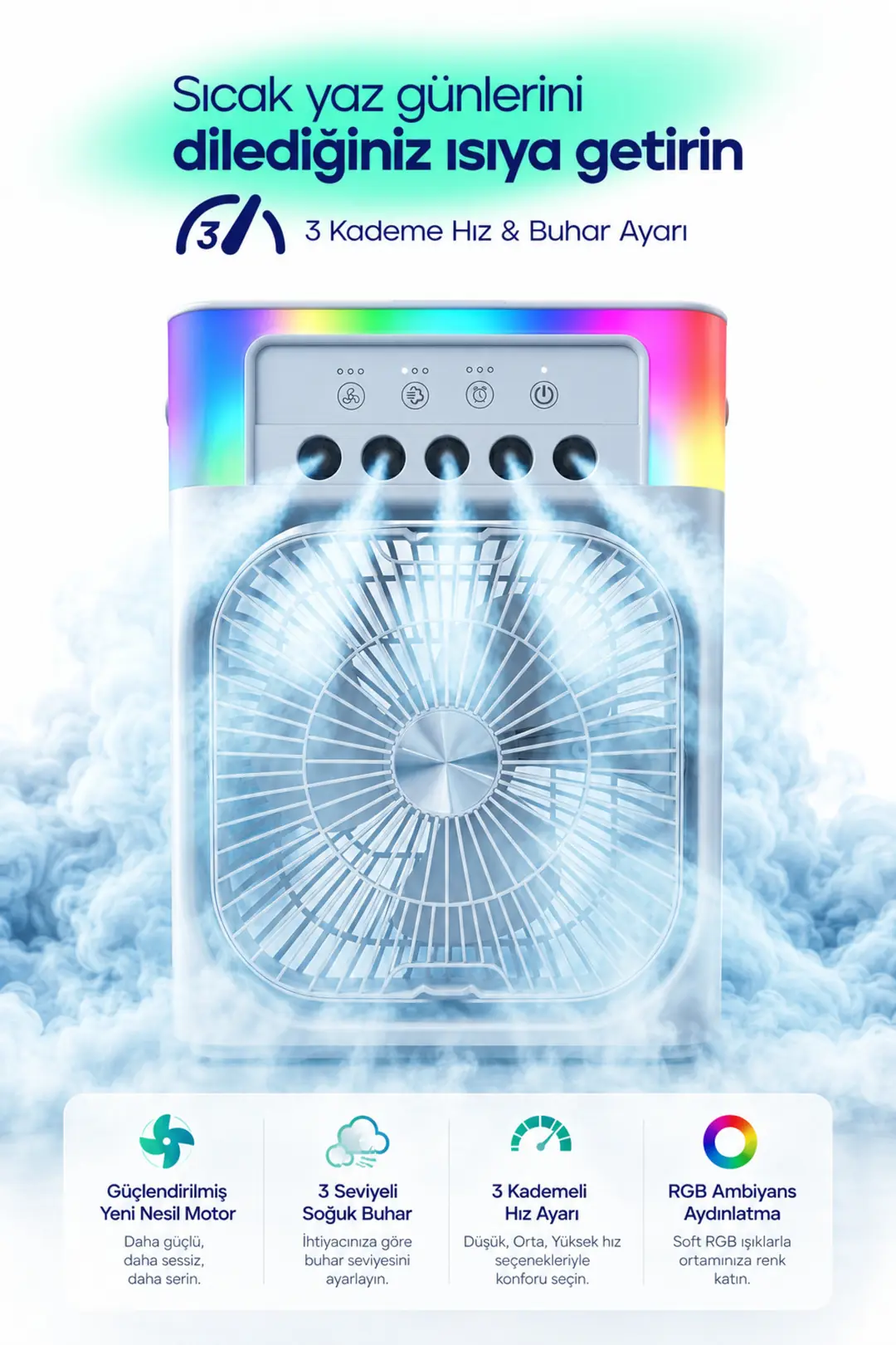 Feny 3in1 Masaüstü Fan 3 kademeli Ferah Nemlendirici Buharlı Rgb Aydınlatmalı Vantilatör