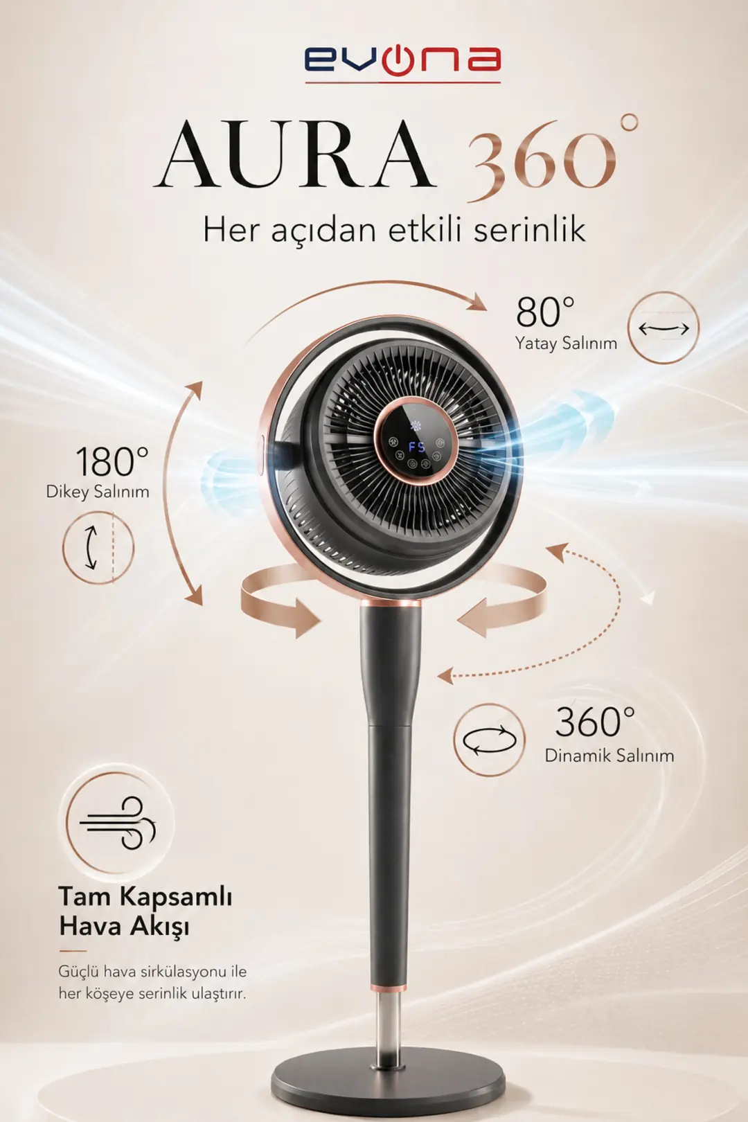 Aura 360 ATK2603 360° Dinamik Salınımlı Sessiz Vantilatör, Uzaktan Kumandalı, 6 Hız Modlu, 24 Saat Zaman Ayarlı, Antrasit Gri