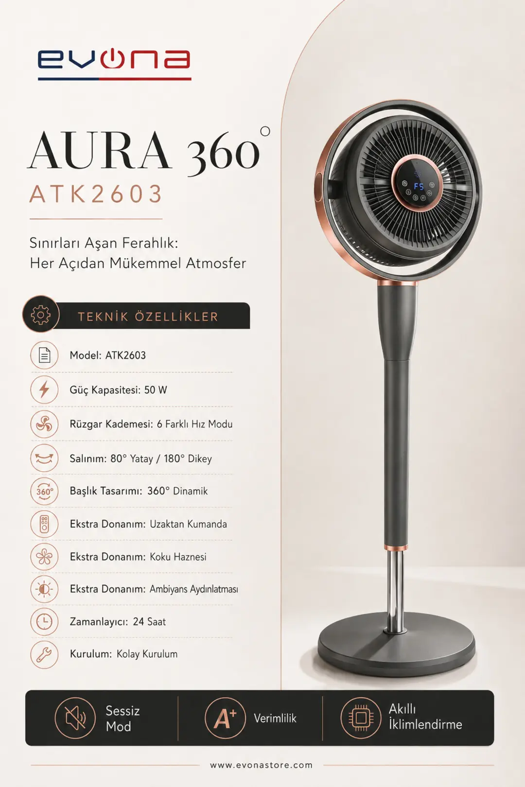 Evona ATK2603-Aura 360 Dinamik Salınımlı Sessiz Vantilatör