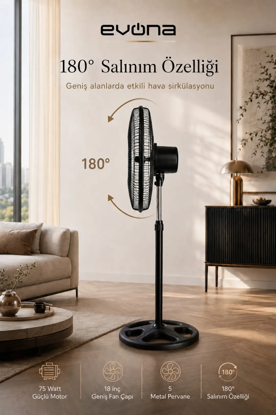 18 İnç 75 Watt Sanayi Tipi Endüstriyel Ayaklı Vantilatör Soğutucu Fan, 5 Pervaneli 180° Salınımlı