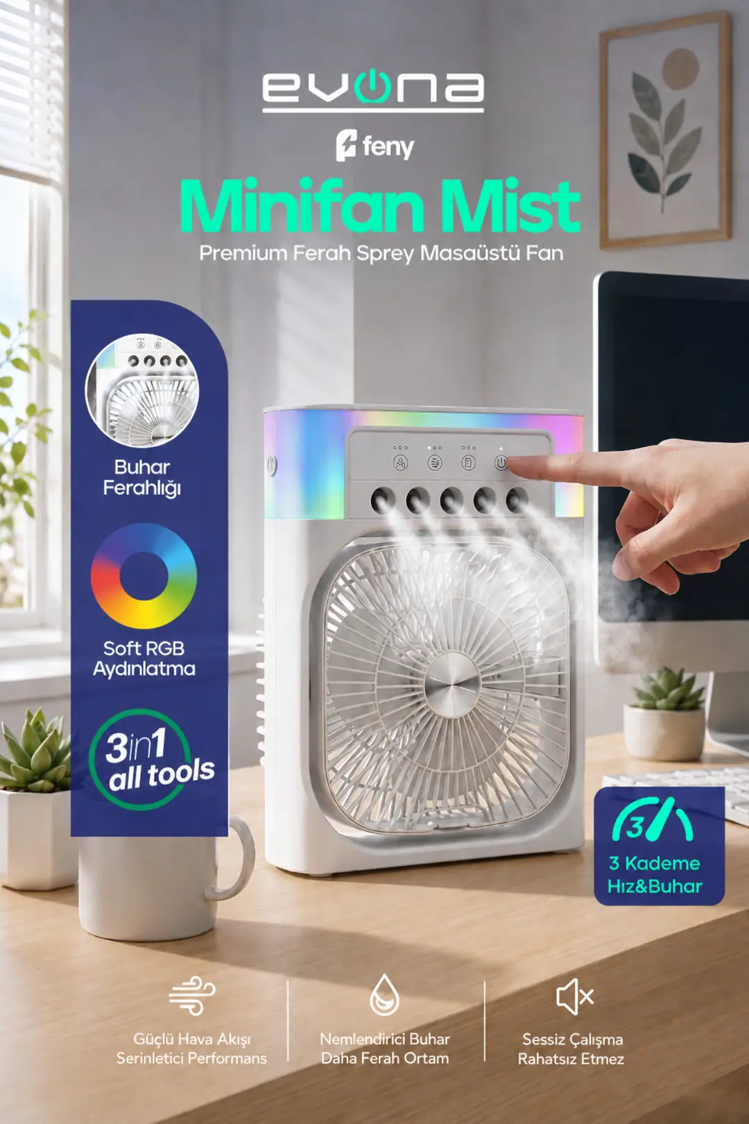 Feny 3in1 Masaüstü Fan 3 kademeli Ferah Nemlendirici Buharlı Rgb Aydınlatmalı Vantilatör