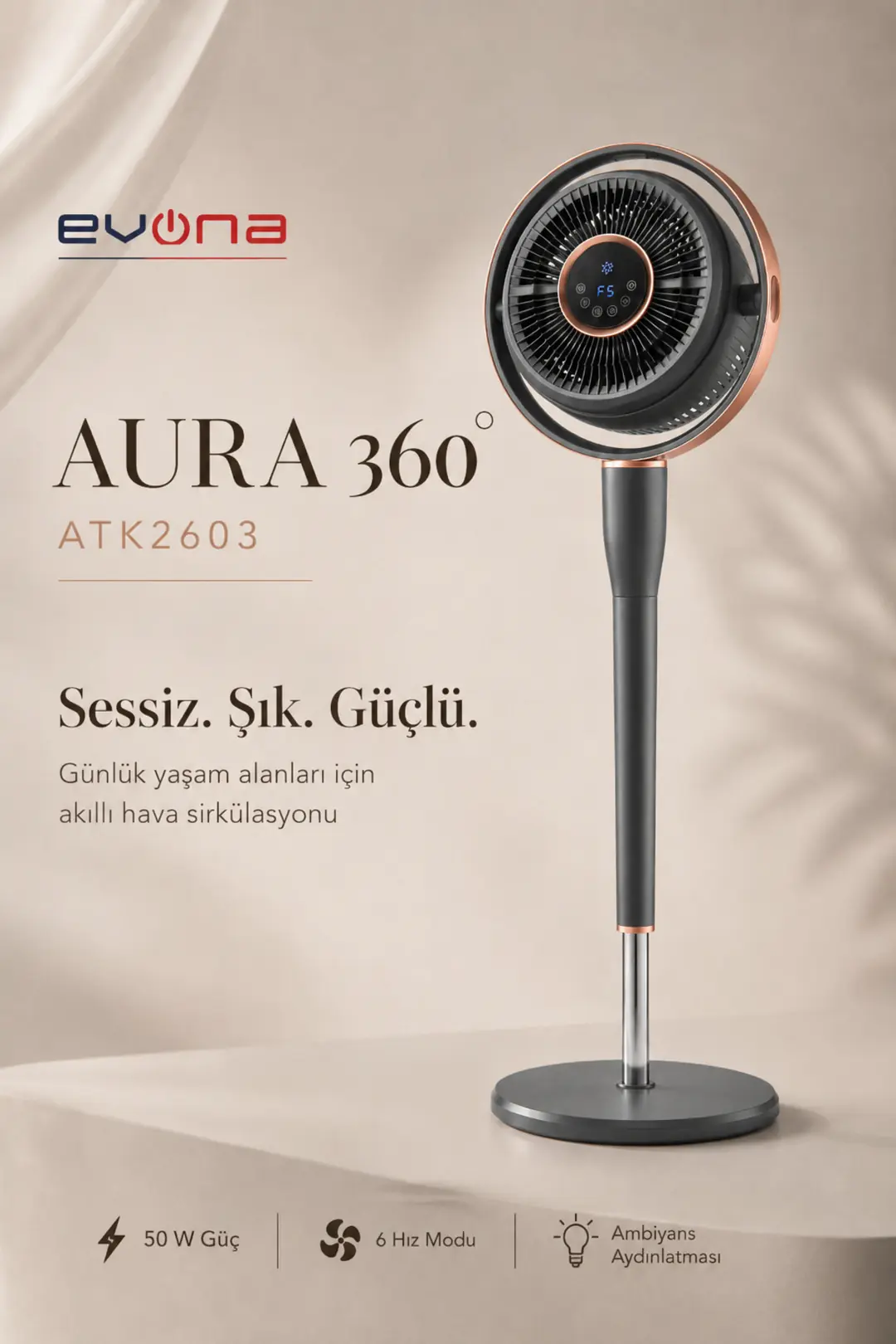Evona ATK2603-Aura 360 Dinamik Salınımlı Sessiz Vantilatör